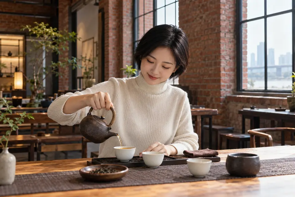 红砖空间中的陶壶与茶席场景示意