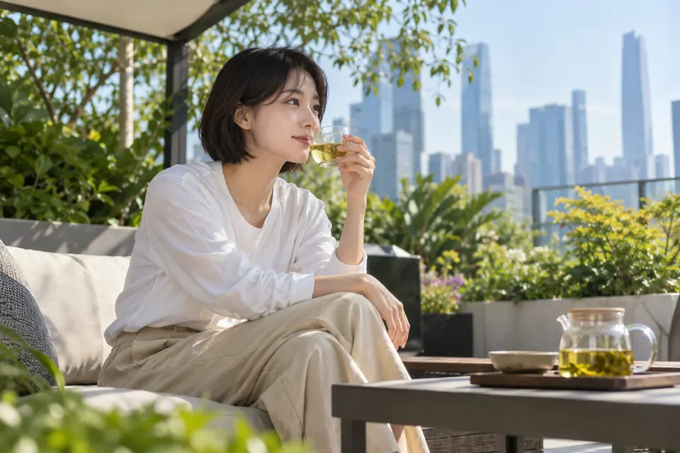 城市花园中冷泡茶与玻璃杯的场景示意