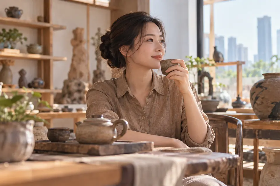 陶艺茶器工作室中的茶杯与器物场景示意