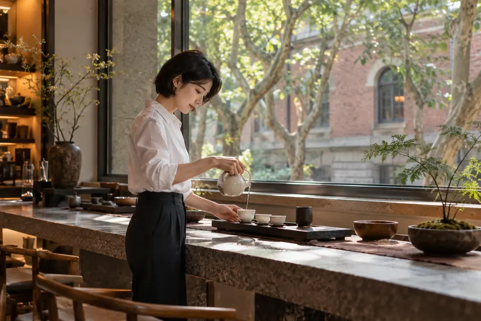 都市街区茶室中倒茶的场景示意